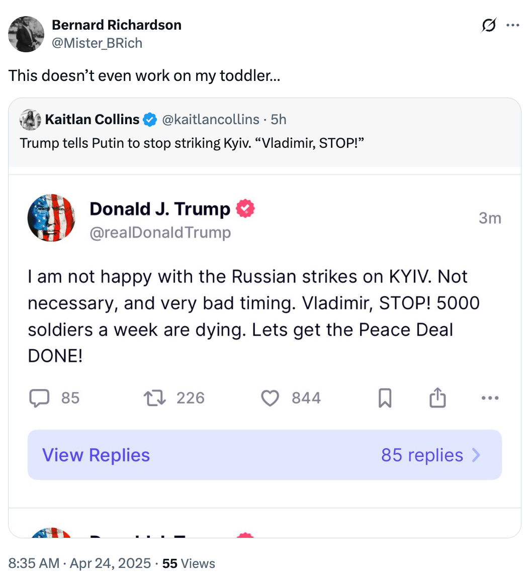 Tweet from Donald J. Trump: Criticizes Russian strikes on Kyiv, urges peace. Replied by Bernard Richardson and Kaitlan Collins, commenting humorously