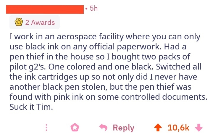 Social media post: A worker foils a pen thief by switching ink colors, leading to controlled documents with pink ink