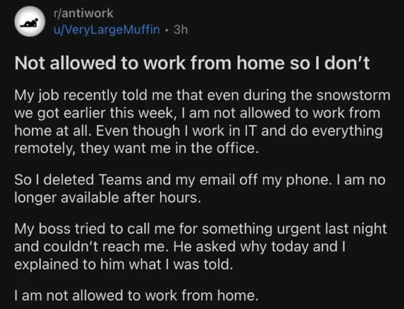 Summary of text: A user discusses their employer's policy against working from home during a snowstorm. They followed instructions by not working remotely, which caused miscommunication