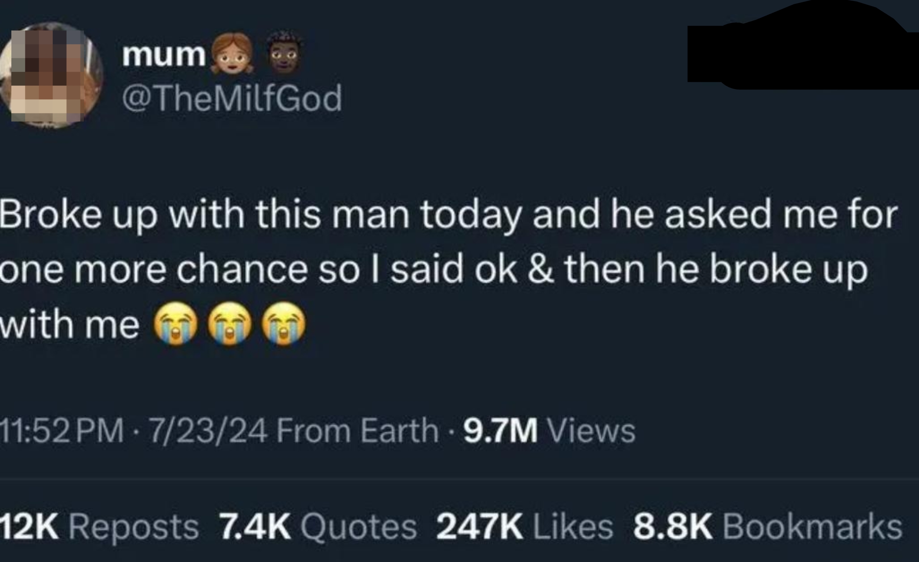 Social media post: "Broke up with this man today and he asked me for one more chance so I said ok & then he broke up with me" with reactions below