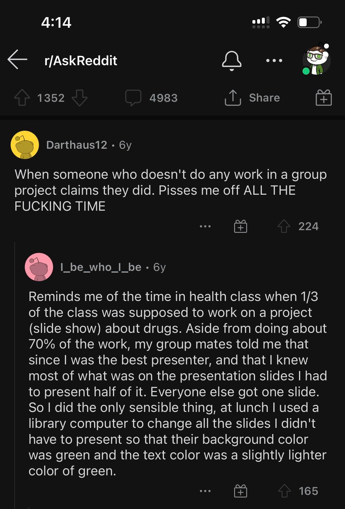 Reddit post about frustration with group projects, featuring a story of unintentionally psychedelic presentation slides