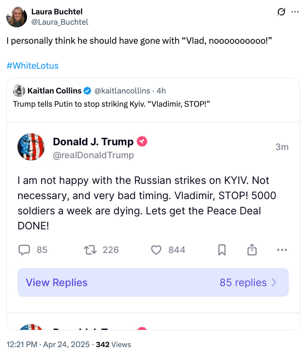 Screenshot of a Twitter post showing a comment about a tweet from Donald Trump regarding Russian strikes on Kyiv