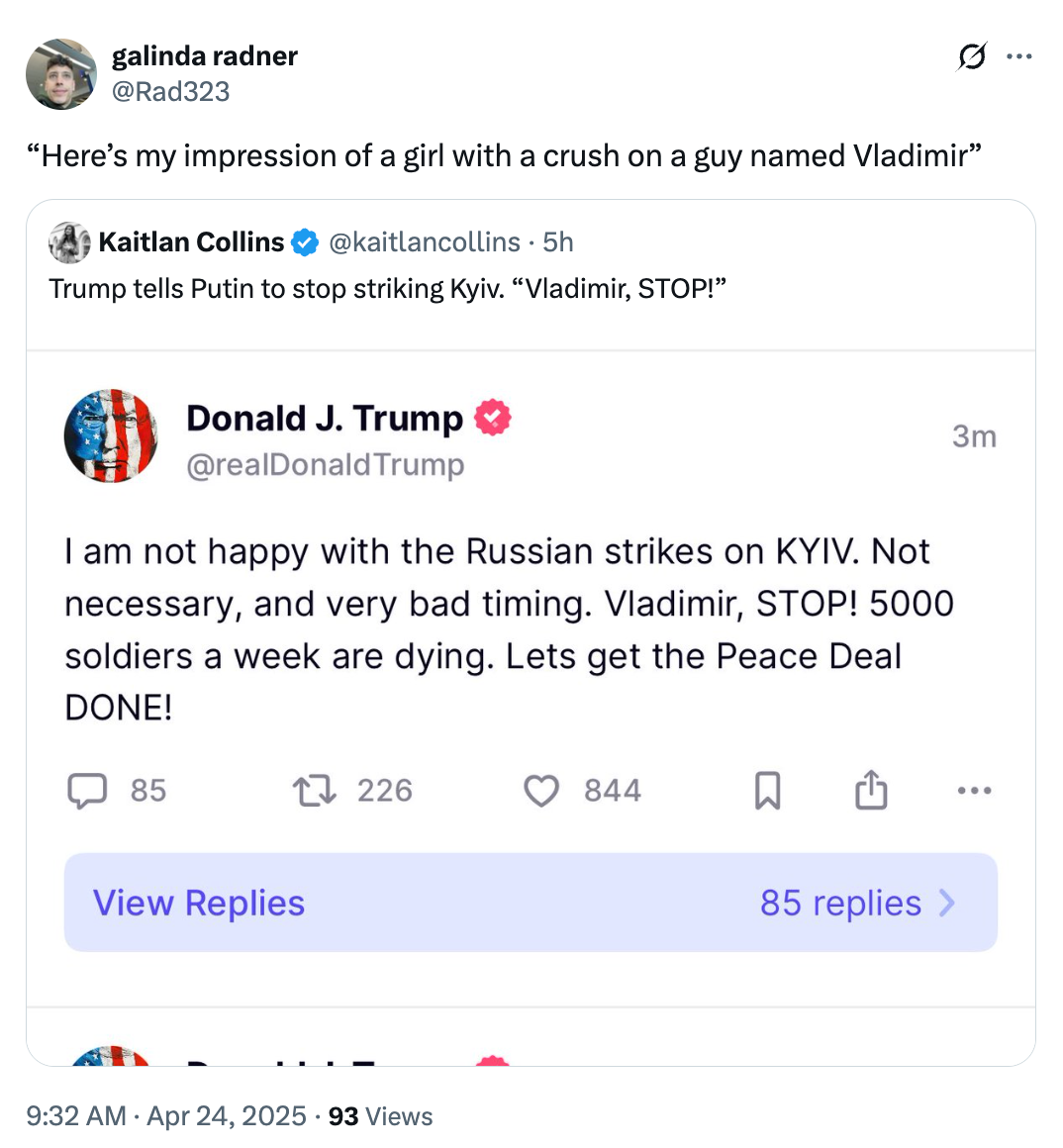 A social media post humorously mimicking a person's dramatic plea for a guy named Vladimir to stop, alongside a tweet about Russian strikes on Kyiv