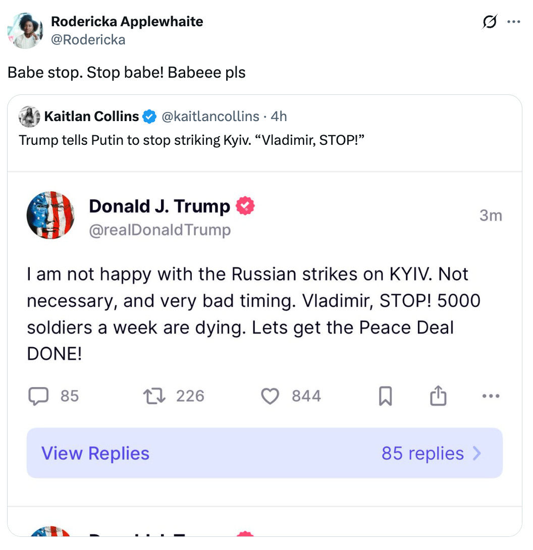 A tweet by Donald J. Trump urges Vladimir Putin to stop striking Kyiv, noting the loss of 5000 soldiers weekly and calling for a peace deal