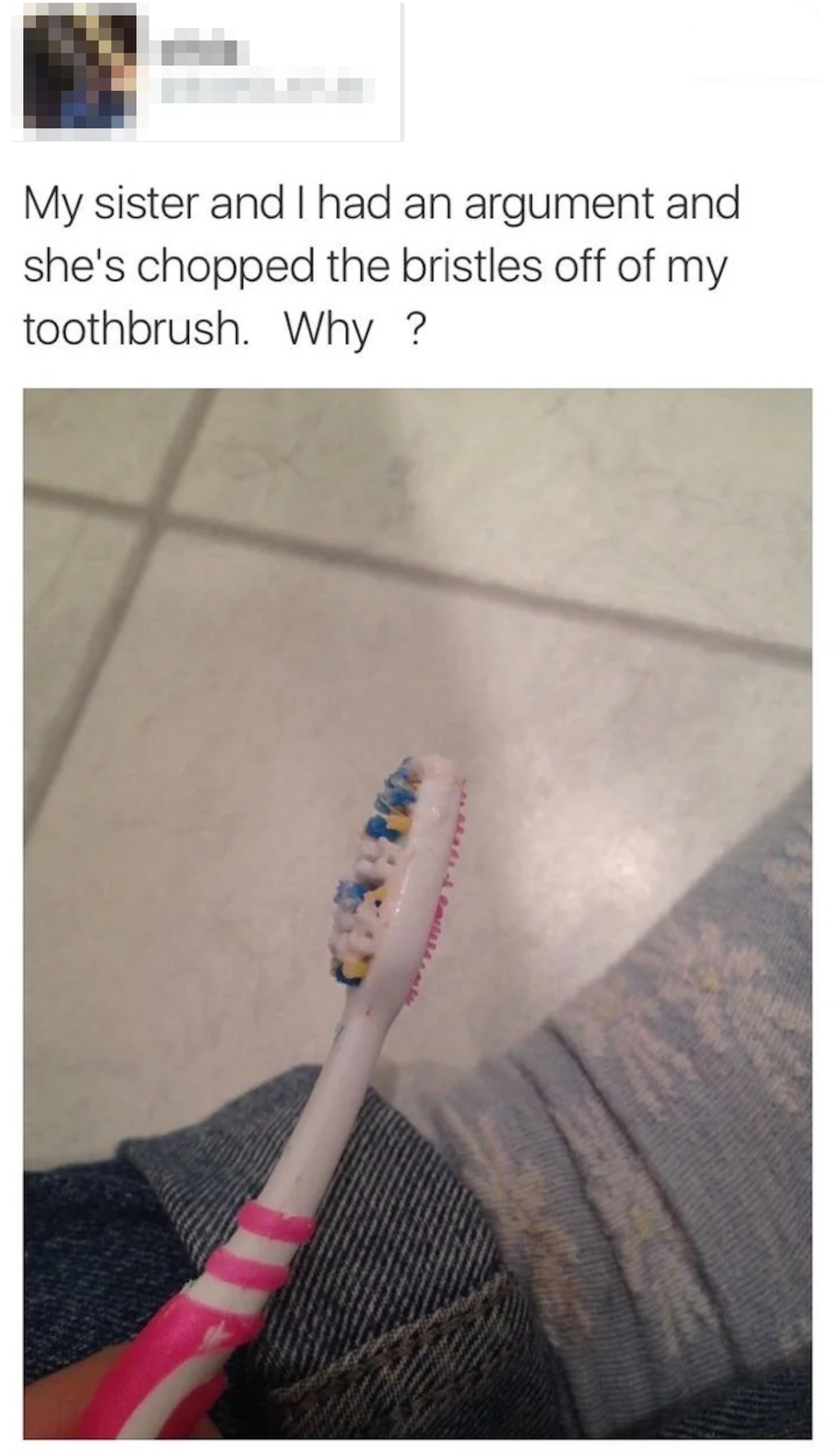 A toothbrush with bristles chopped off, held by someone on a tiled floor, illustrating an argument mentioned in a tweet