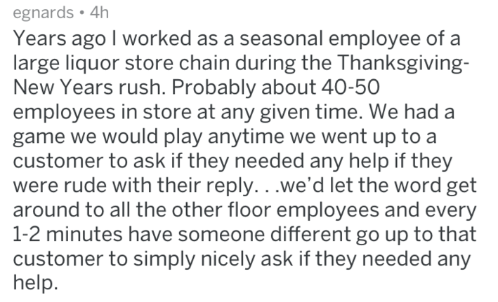Text describes a game where liquor store employees repeatedly ask customers if they need help, especially if a customer responds rudely