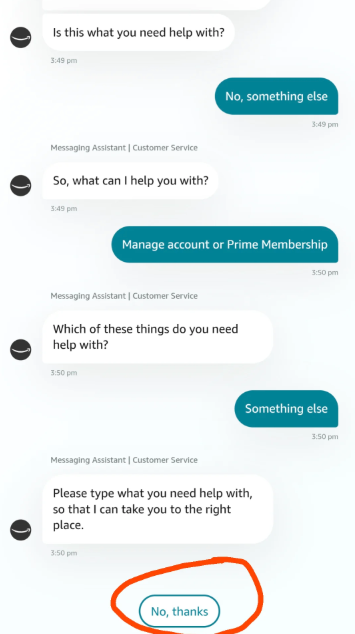 Customer chat with options to manage account or Prime Membership, user chooses "something else," then declines further help