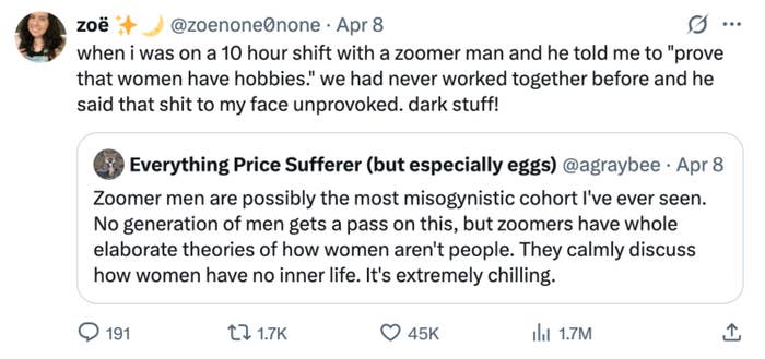 Tweet from a user describing a 10-hour shift with a man who dismissed women's hobbies, calling it a dark experience
