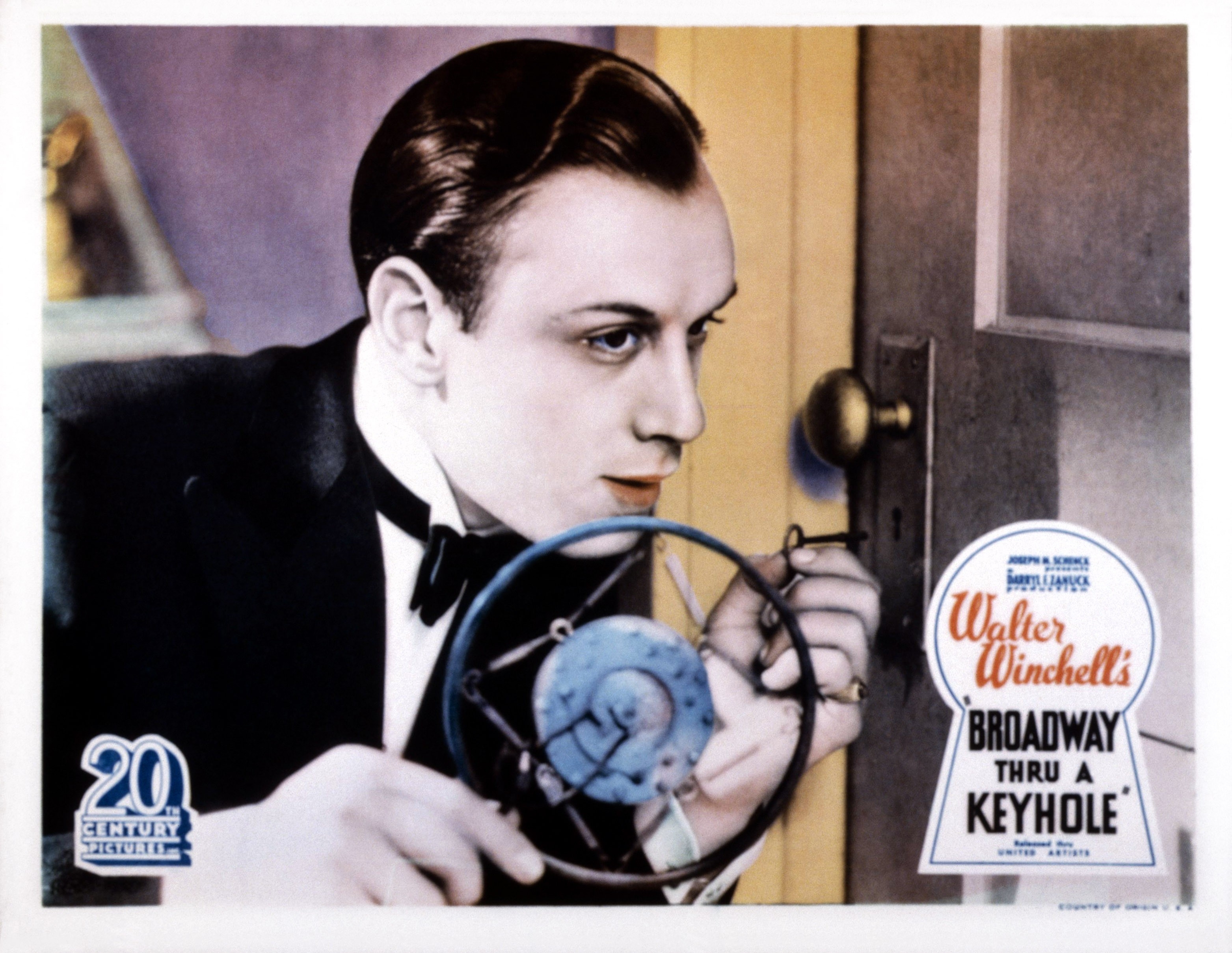 A vintage film poster shows a person in formal attire holding a microphone, promoting "Broadway Thru a Keyhole" with text and classic style