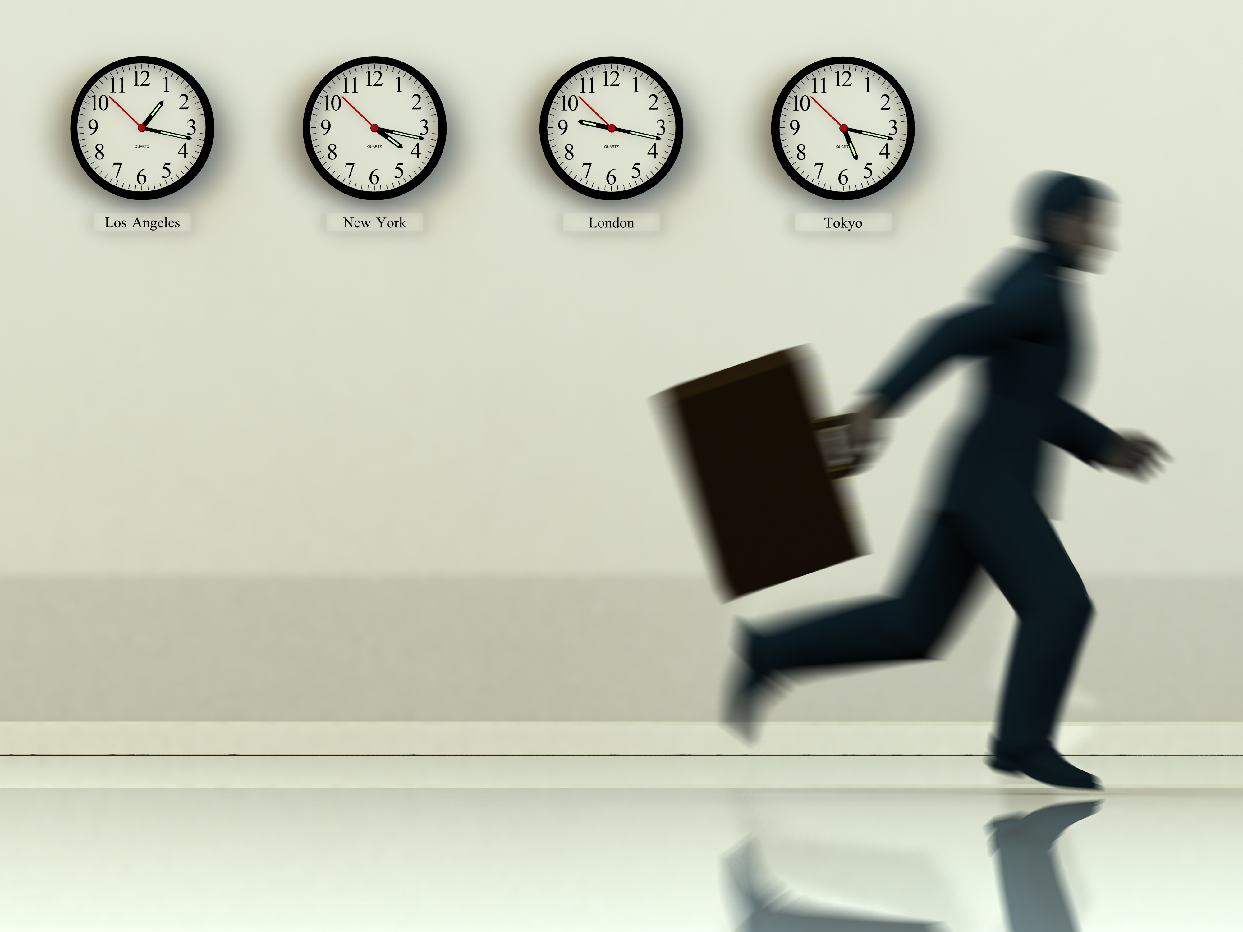 Person in a suit running past clocks showing times for Los Angeles, New York, London, and Tokyo
