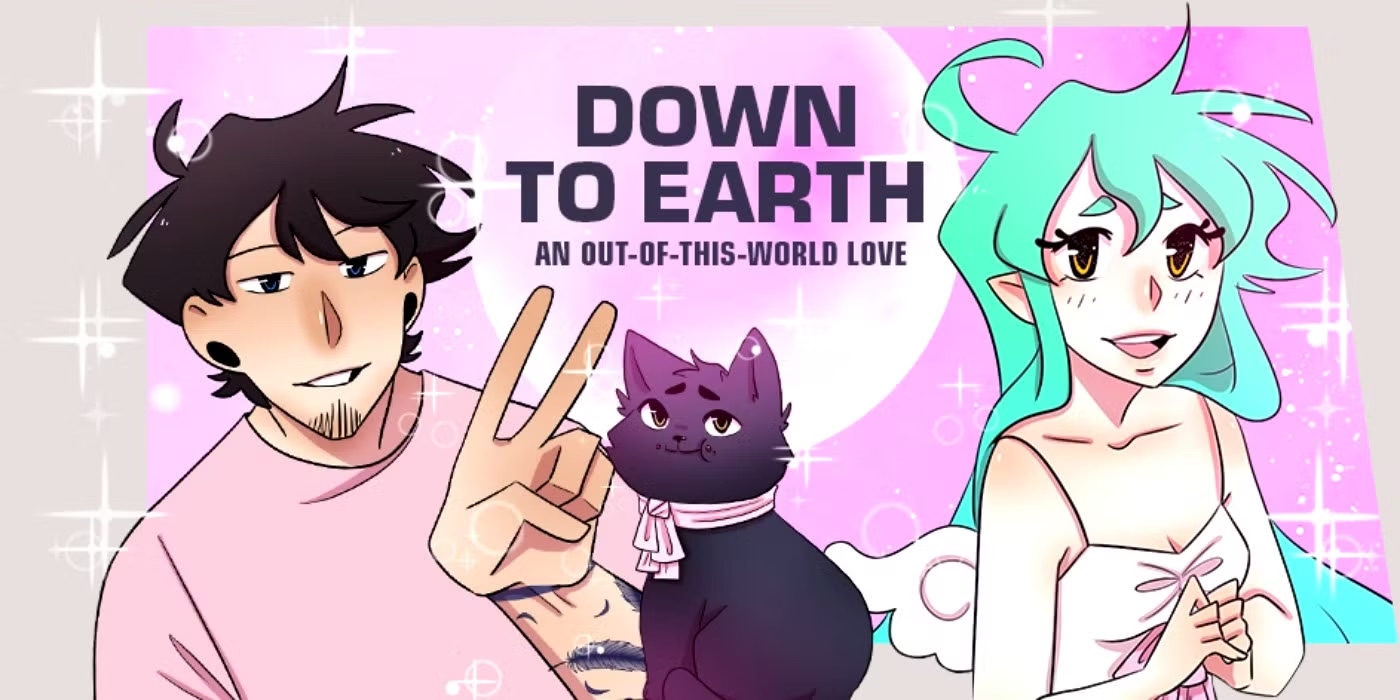 Ilustración de un hombre, una mujer con cabello largo y un gato. Texto: "Down to Earth: An Out-of-This-World Love"