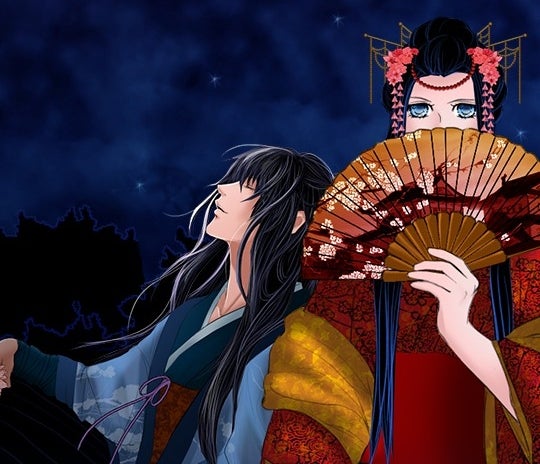 Ilustración de dos personajes de estilo anime. Uno sostiene un abanico decorado y lleva ropa tradicional detallada. El otro sonríe con la cabeza hacia arriba