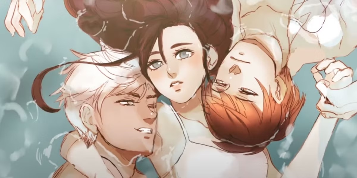 Ilustración de tres personajes flotando en el agua, entrelazados, con expresiones de calma y cercanía