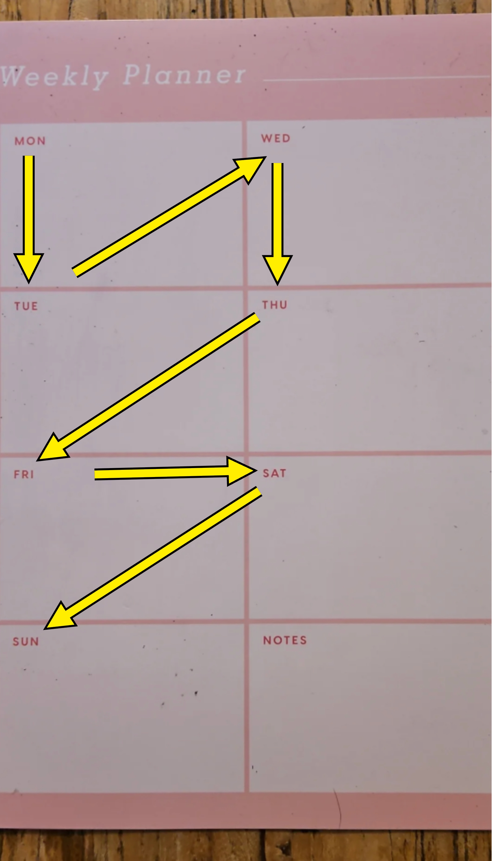 Blank weekly planner with days and a notes section, printed on paper with a simple layout