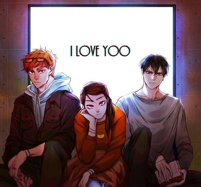 Tres personajes animados sentados frente a un cartel que dice "I Love Yoo", todos con expresión pensativa