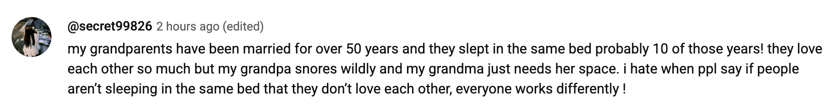 User comments on grandparents' 50-year marriage, noting their sleeping preferences and emphasizing different relationship dynamics