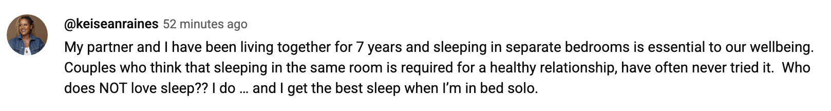 A social media post discusses the benefits of couples sleeping in separate bedrooms for well-being and improved sleep quality