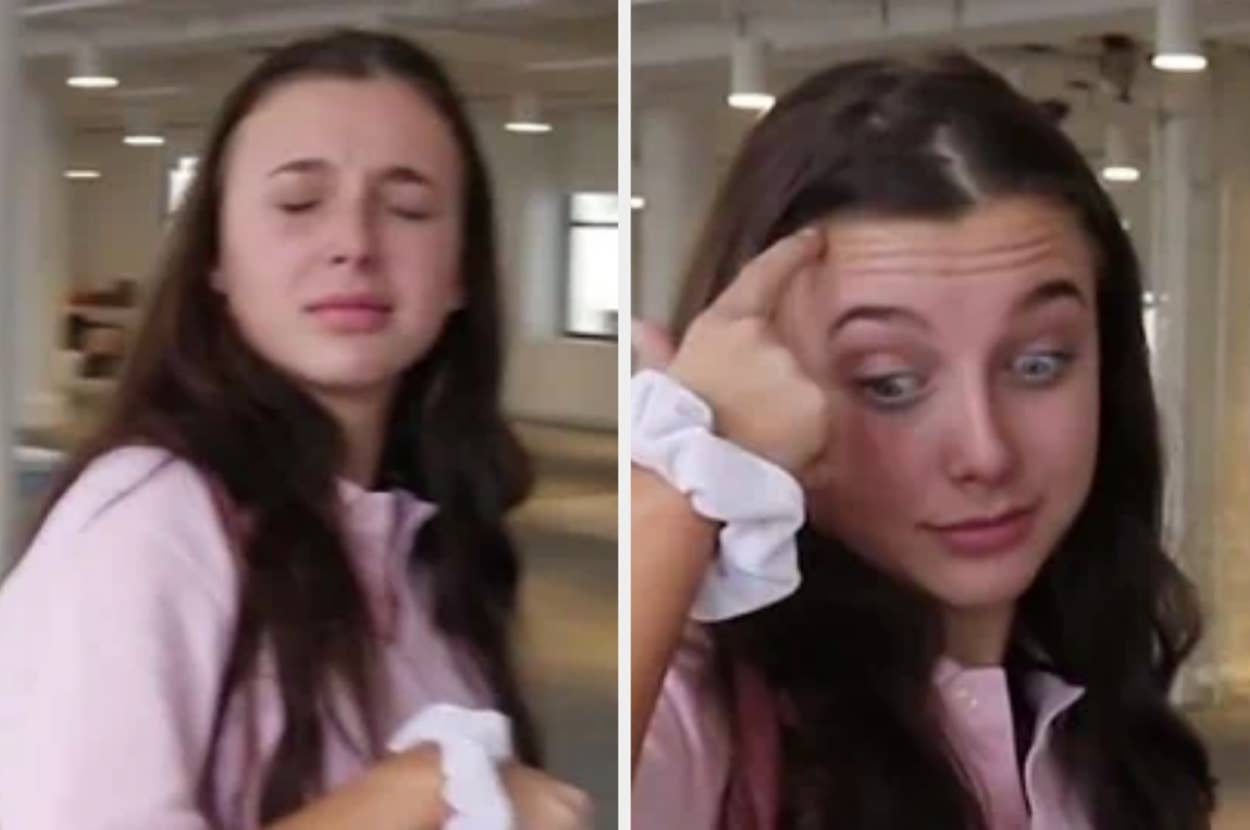 Person making expressive faces indoors, wearing a long-sleeve top and scrunchie on their wrist