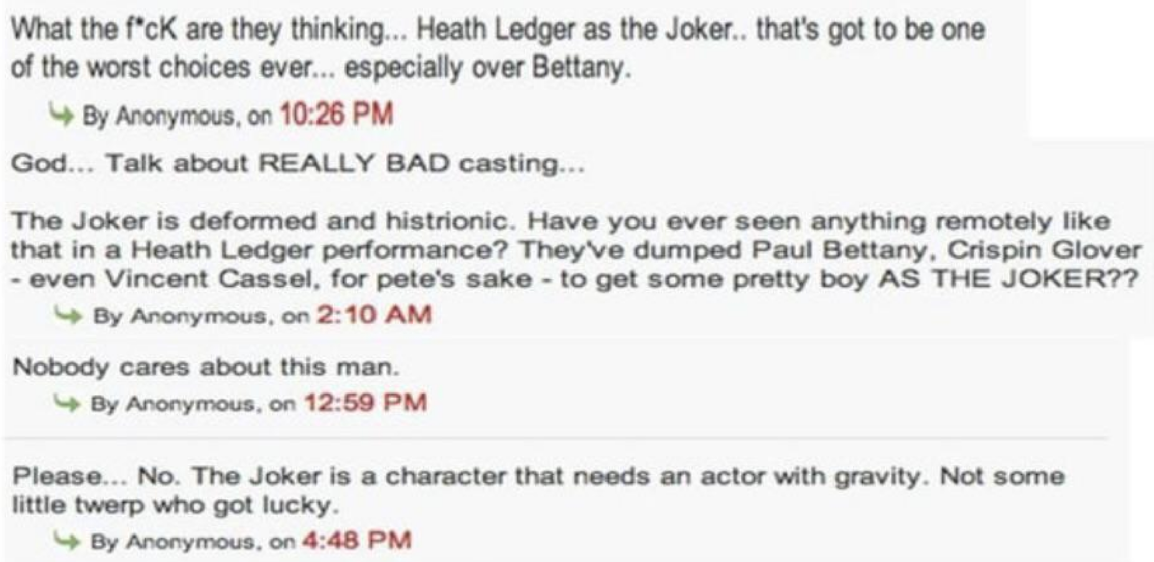 Image shows anonymous online comments criticizing the casting of Heath Ledger as the Joker, suggesting other actors would be better choices