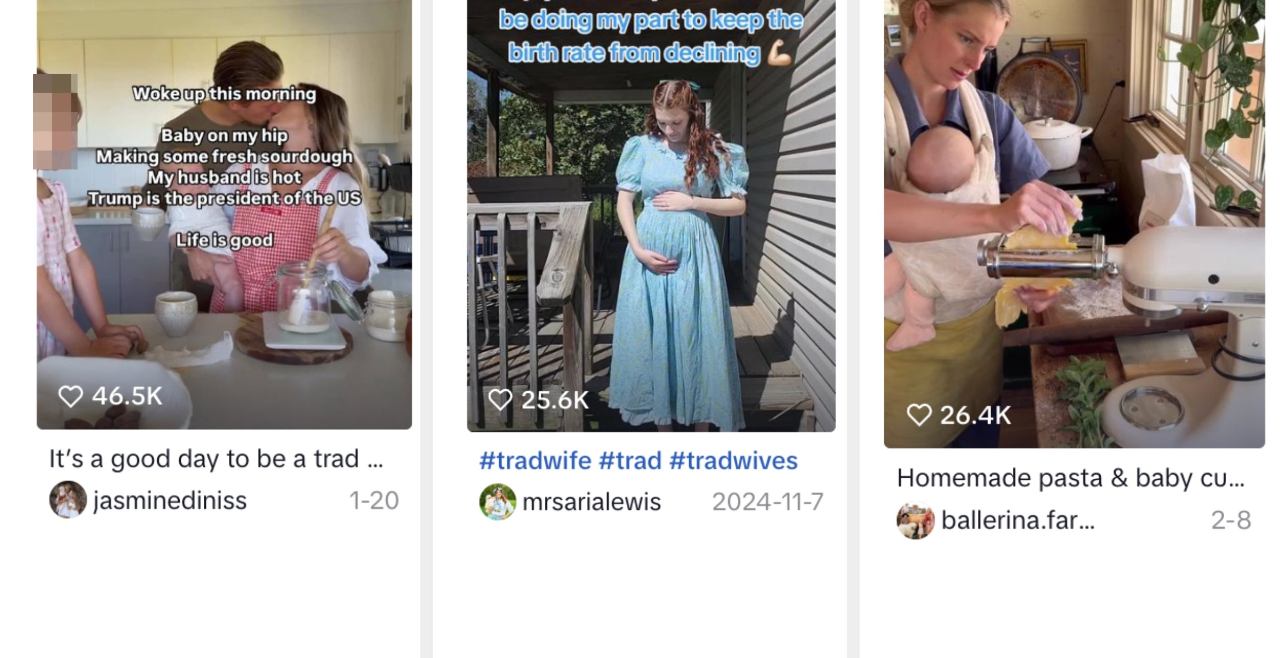 Tre innlegg i sosiale medier: 1) Morgenrutine med tekst om familie og presidenten. 2) Kvinne i en blå kjole som holder magen. 3) Å lage pasta med en baby