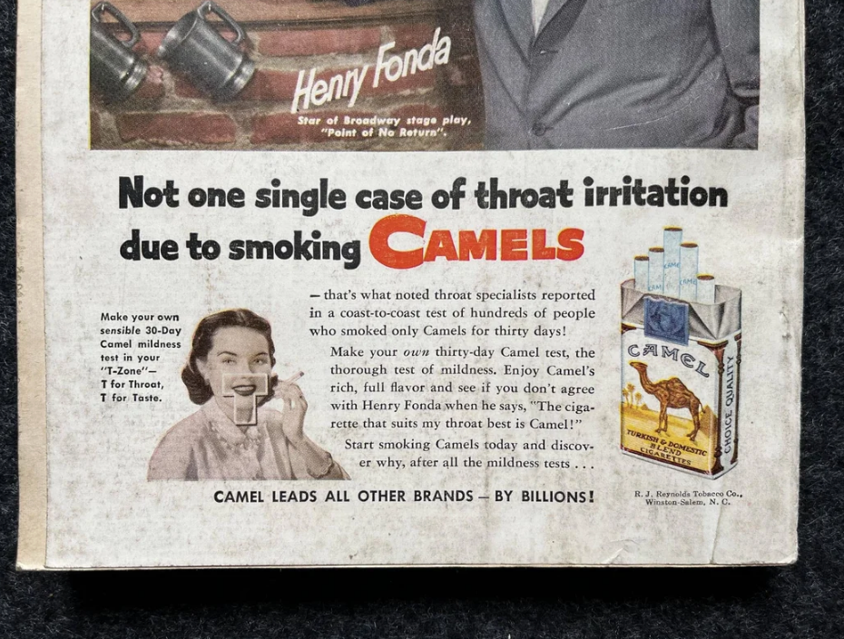 Vintage Camel cigarette ad claims no throat irritation from smoking. Features a smiling woman holding a cigarette