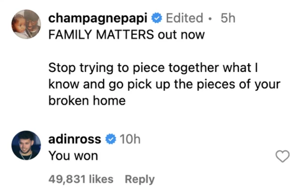 Instagram post by Drake announcing "FAMILY MATTERS" and another user's comment saying, "You won"