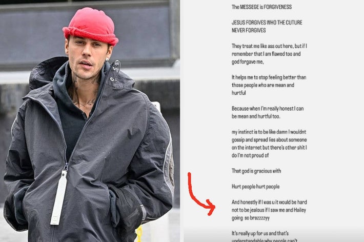 Person in casual attire with a red beanie walks outdoors. Next to them, handwritten text about forgiveness and personal feelings is displayed