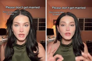 Two images of a person speaking in a video with the text "Please don't get married. This is a long video, 2x speed" above them