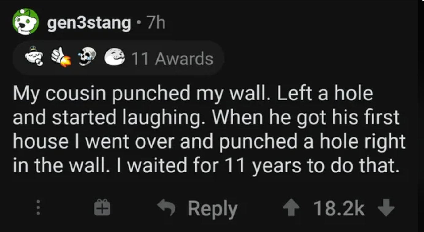 Text conversation where a user shares a humorous story about revenge by punching a hole in a cousin&#x27;s wall after 11 years