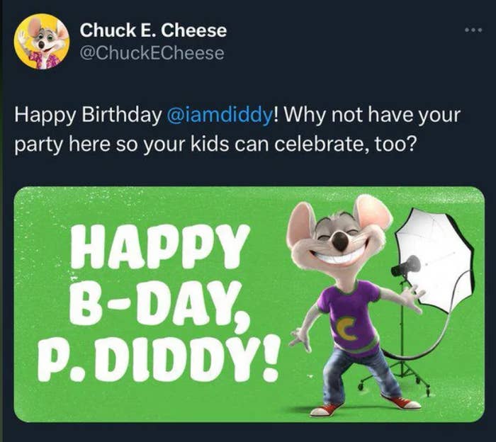 Chuck E. Cheese's tweet inviting P. Diddy to celebrate his birthday at their venue for kids to enjoy
