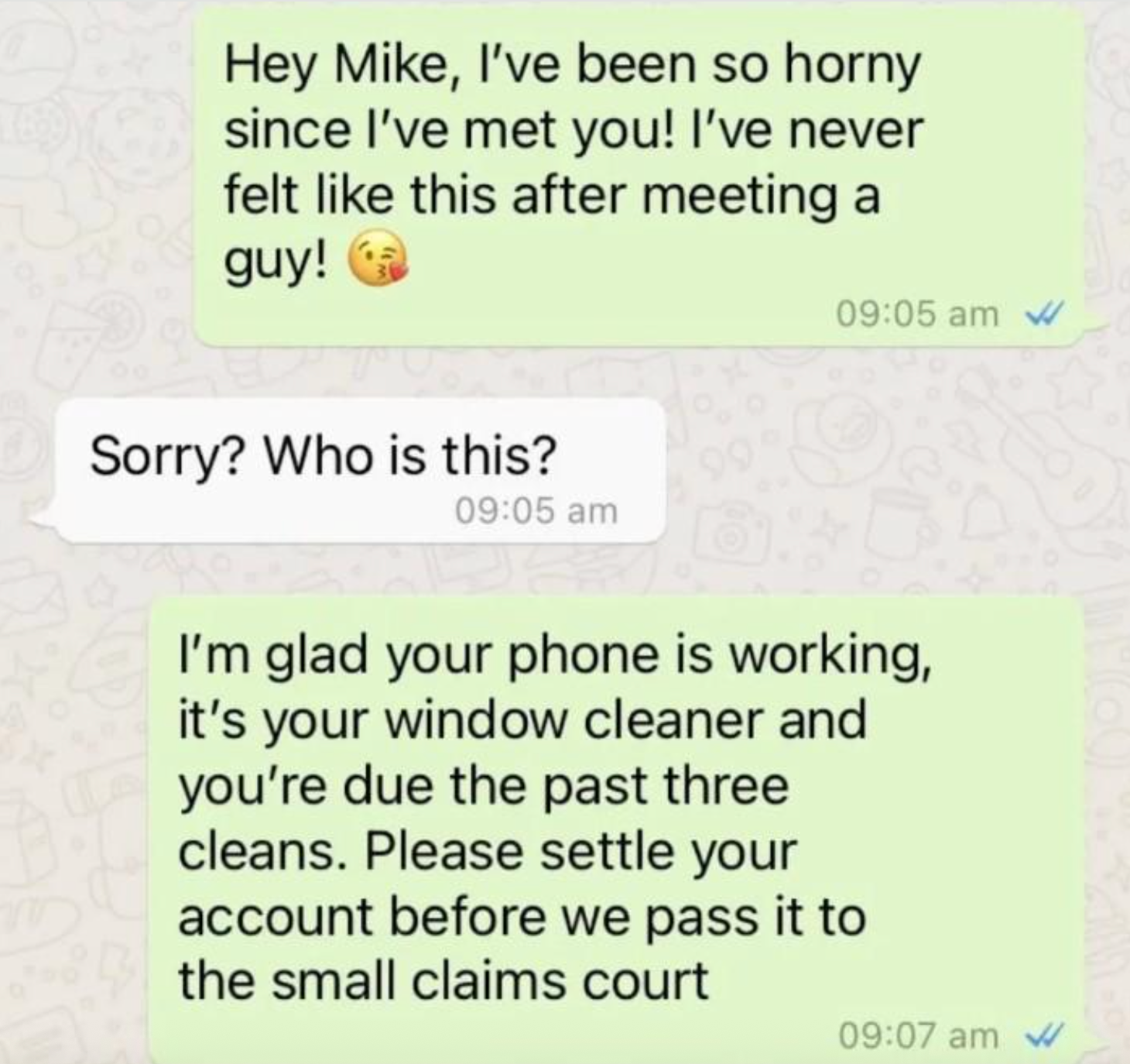 Text conversation with a sender expressing attraction, followed by a message about an overdue payment for window cleaning services
