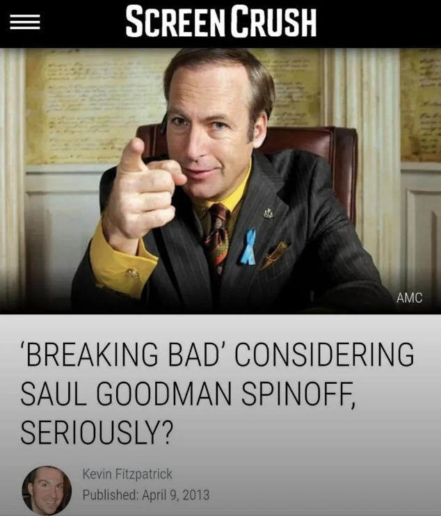 Photo of Saul with headline "Breaking Bad Considering Saul Goodman Spinoff, Seriously?"