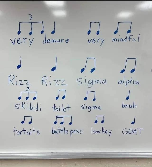 Whiteboard with handwritten music notes labeled: "very demure," "very mindful," and phrases like "Rizz," "sigma," "alpha," "skibidi," "GOAT."