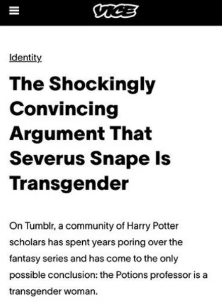 Article about a fan theory on Tumblr that claims Severus Snape from Harry Potter is a transgender woman
