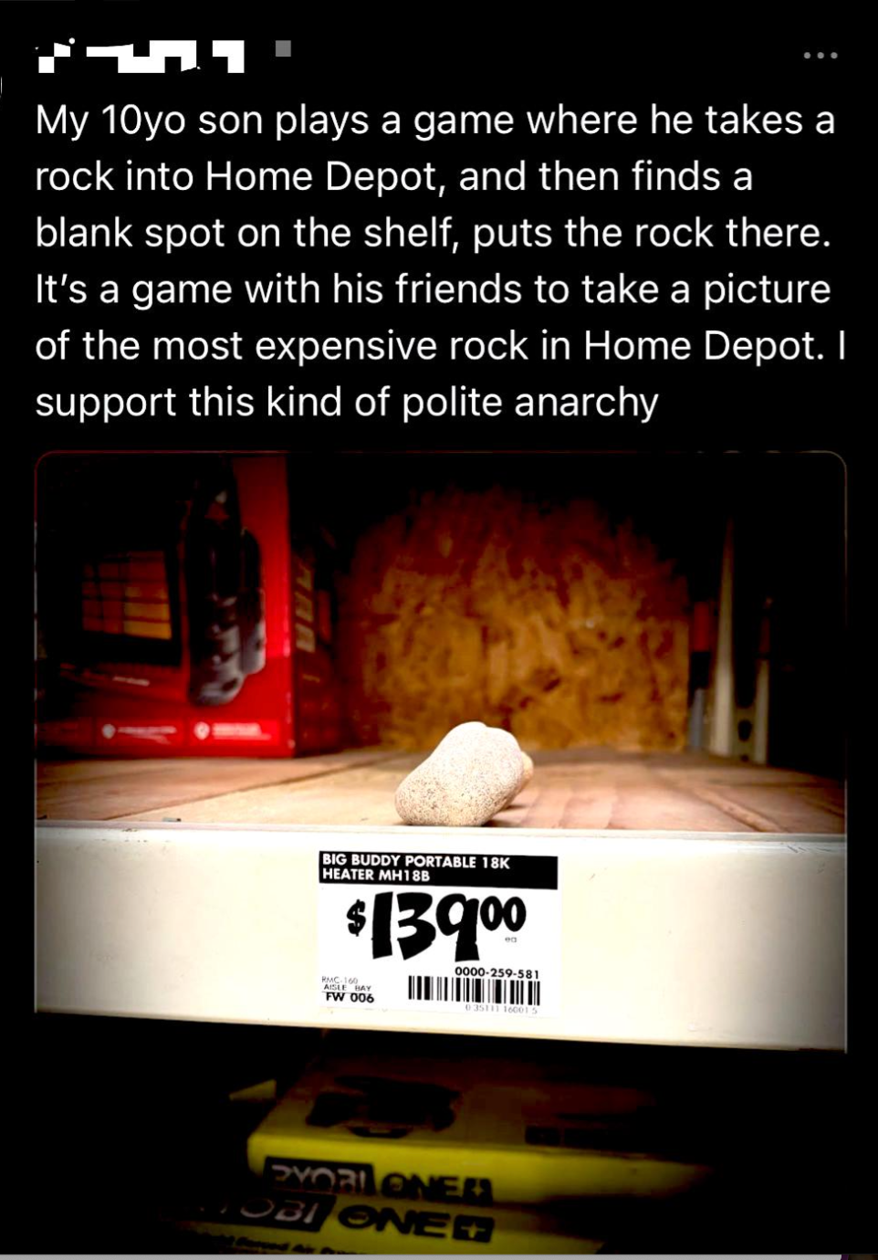 Social media post showing a rock on a Home Depot shelf, describing a child&#x27;s game of placing a rock on the most expensive item for fun. Price tag reads $139.00