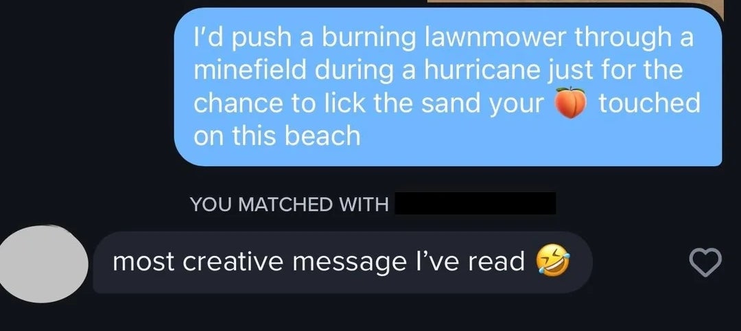 Screenshot of a dating app conversation. A message with a reply saying it's the most creative message