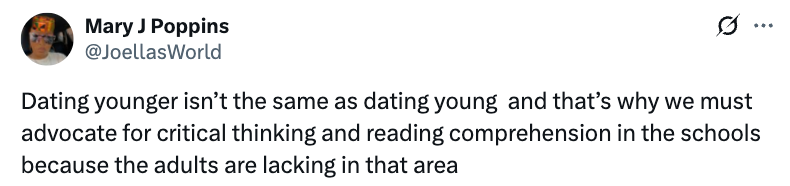Tweet by Mary J Poppins: Advocates for critical thinking and reading comprehension in schools, noting adults' lack in these areas