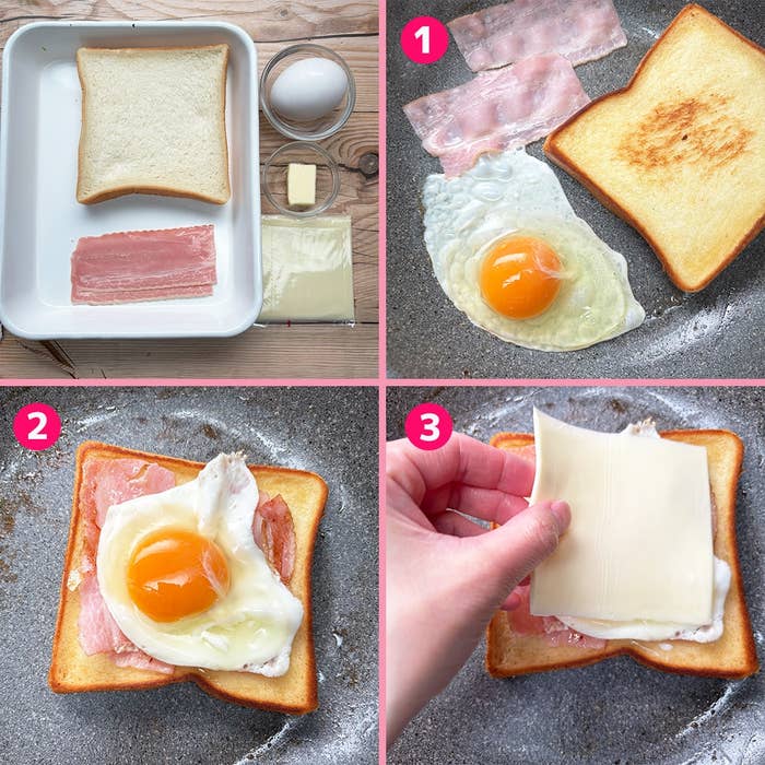 食パン、ハム、卵、チーズを使ったトーストサンドイッチの作り方を示す4ステップの手順。