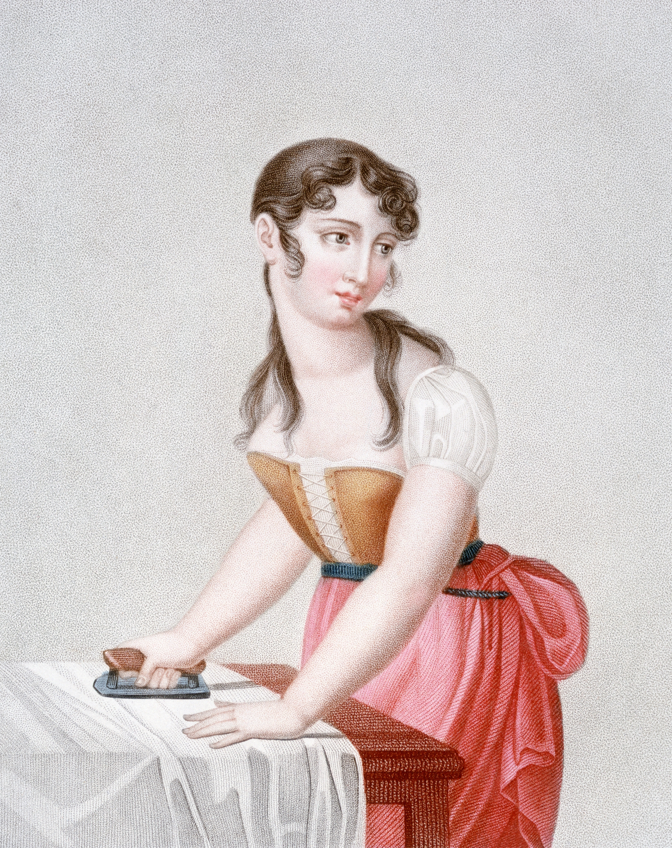 A vintage illustration of a woman in 18th-century attire ironing a sheet. She wears a corseted dress with a full skirt