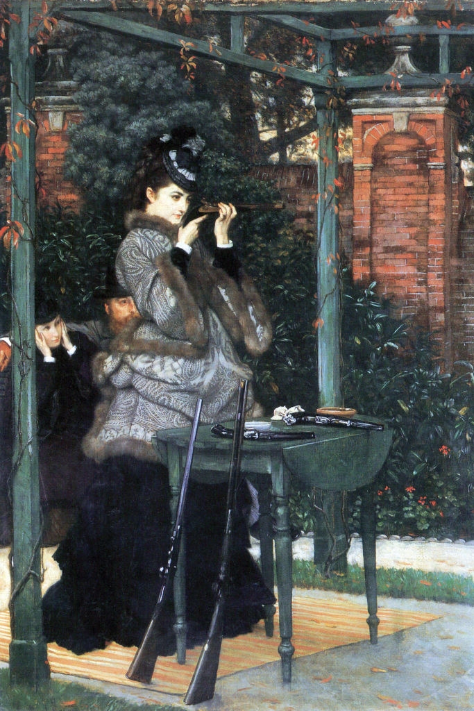 Victorian-era woman in elaborate dress adjusts her hat by a table with rifles. Another woman sits nearby in a garden setting with brick and foliage