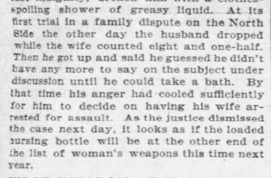 Newspaper snippet about a husband being doused with liquid in a family dispute, his shock, and the subsequent decision to arrest his wife