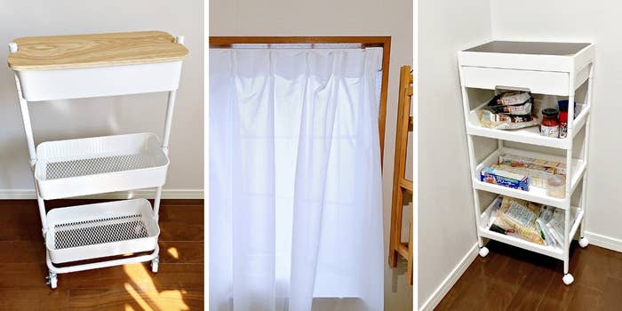 食品収納ラックや白いカーテンが写った室内写真。整理整頓された収納スペースを示しています。