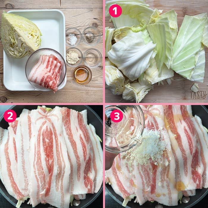 キャベツと豚バラ肉を使った料理の準備手順。キャベツを切り、豚肉を重ね、調味料を加えて調理する過程を示す。