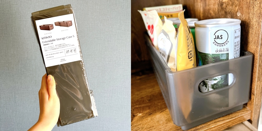 棚板ラックの写真（左）と整理された食材が入った収納ケースの写真（右）。