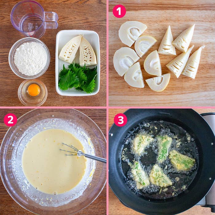 タケノコとシソの天ぷらレシピ：1. 材料準備、2. 衣を作る、3. 揚げる手順が表示されています。
