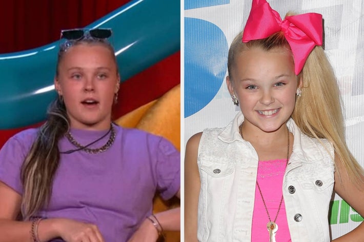 Two images of the same person; on the left, casual attire with a ponytail, and on the right, a pink bow with a white vest and pink necklace