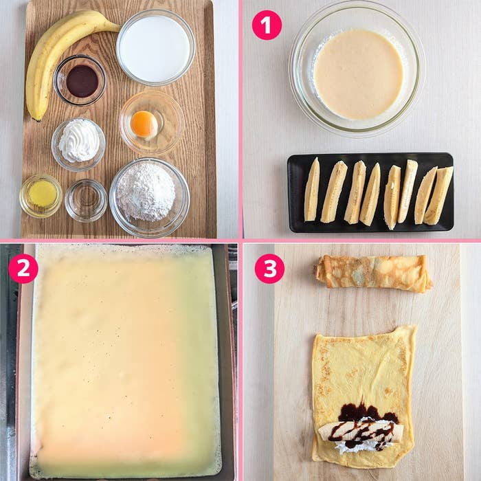 バナナ、卵、クリームなどを使ったクレープの調理手順を示す4コマ画像。生地を焼き、具材を巻く。