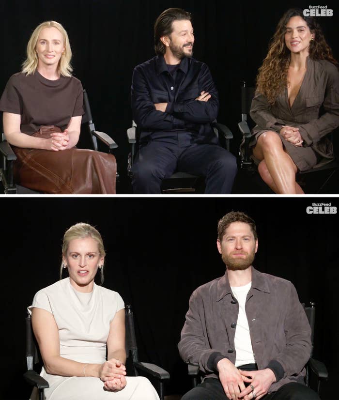Five people are seated, two in the top panel and three in the bottom, participating in an interview about a TV or movie project