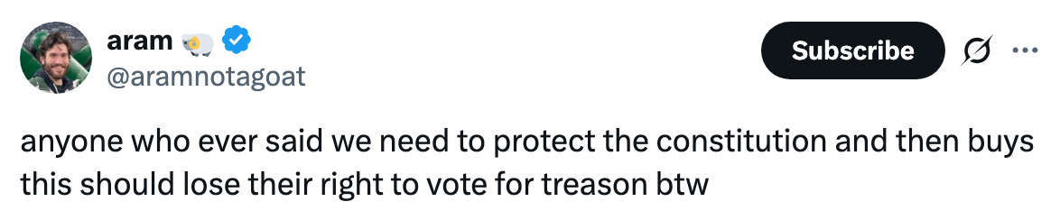 Tweet by aram: "anyone who ever said we need to protect the constitution and then buys this should lose their right to vote for treason btw."
