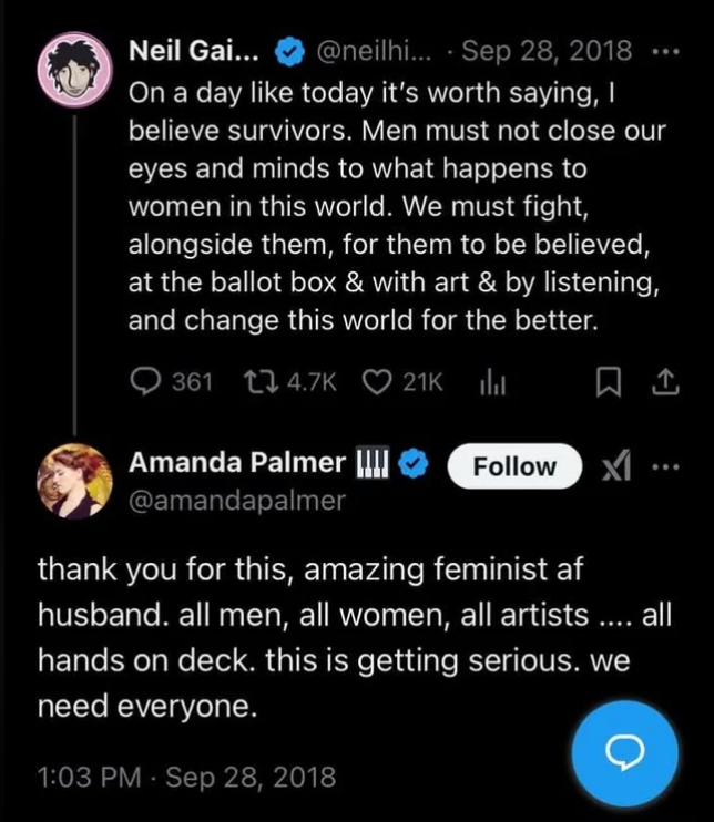 Neil Gaiman and Amanda Palmer tweet about supporting survivors and inclusivity. They emphasize listening, change, and the need for everyone's involvement